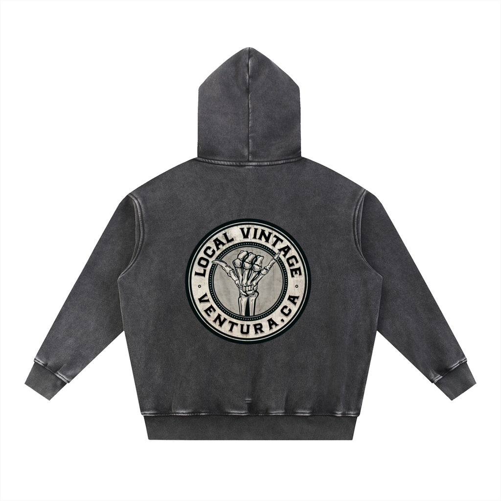 Black hoodie with 'Local Vintage Ventura, CA' logo on the back against a white background