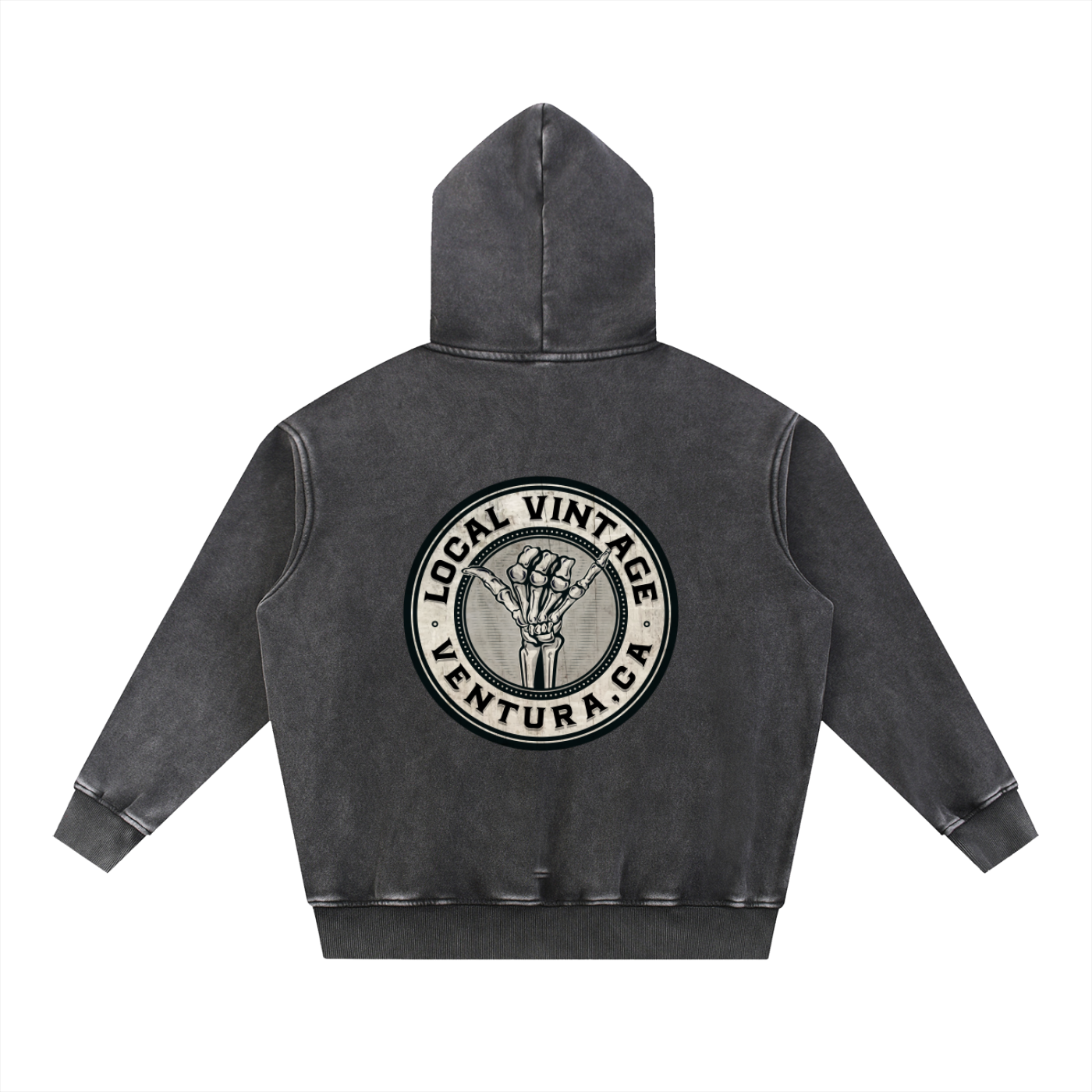 Black hoodie with 'Local Vintage Ventura, CA' logo on the back against a white background