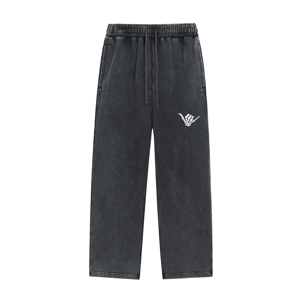 Black pants with a white logo on a white background