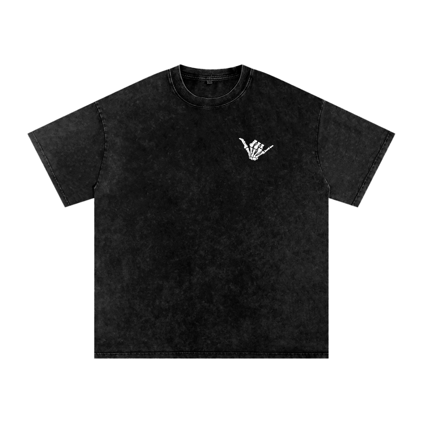 Black t-shirt with a small white logo on a white background