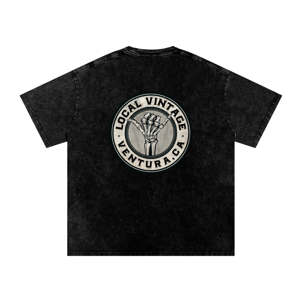 Black t-shirt with a circular logo and text on a white background