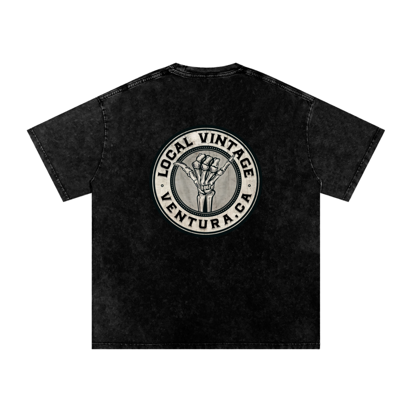 Black t-shirt with a circular logo and text on a white background